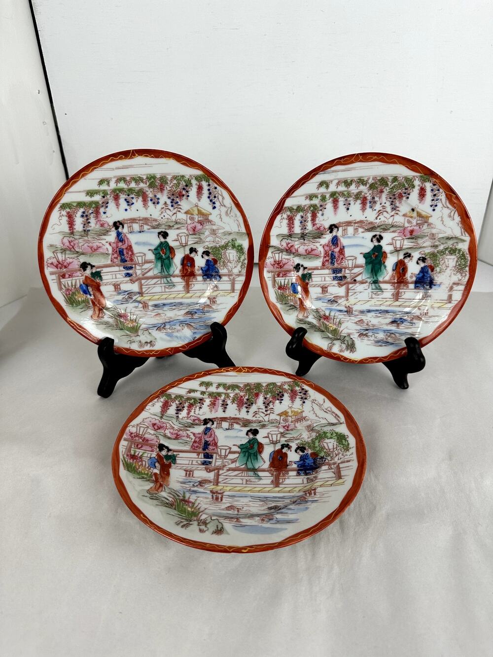 Japanese Antique China Three & Ins. Plates Geisha Floral Structures 1921-1941
